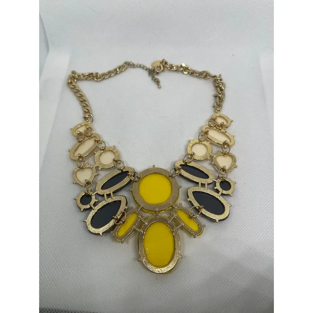 Charming Charlie Yellow Gray & Ivory Statement Bib Necklace Gold Tone